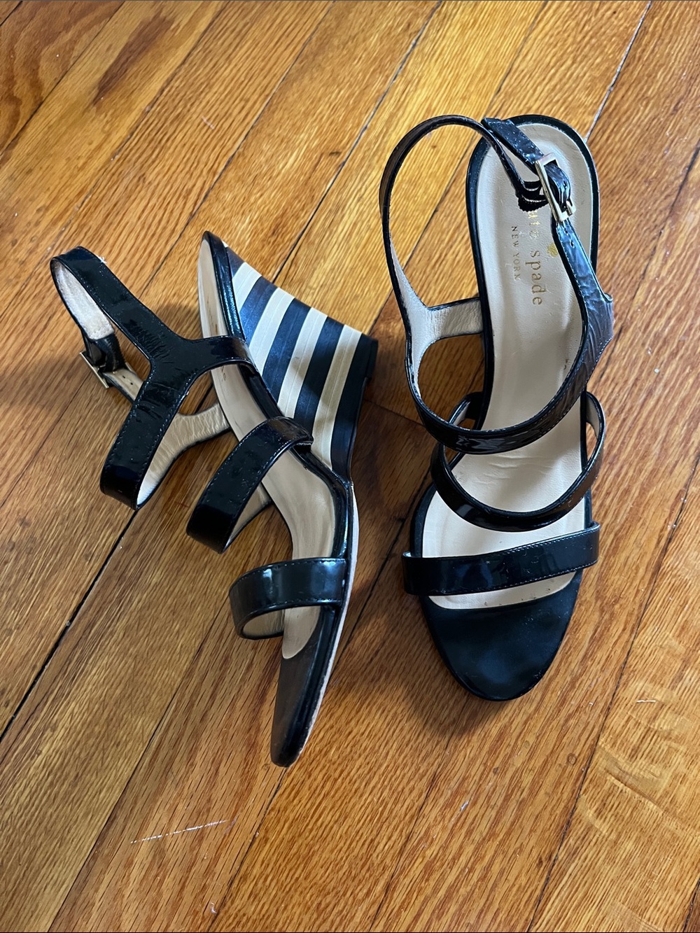 kate spade Black Patent Strappy Wedges with Navy & White Striped Heel